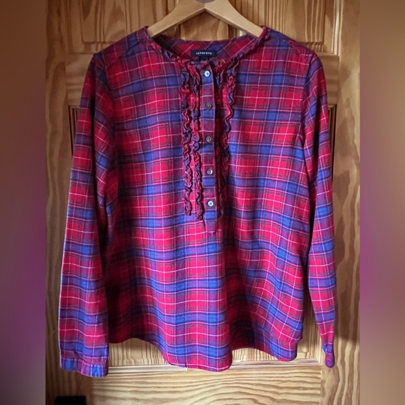 🆕🏕️LANDS’ END Ruffled Plaid Long Sleeve Flannel Shirt - Picture 2 of 6